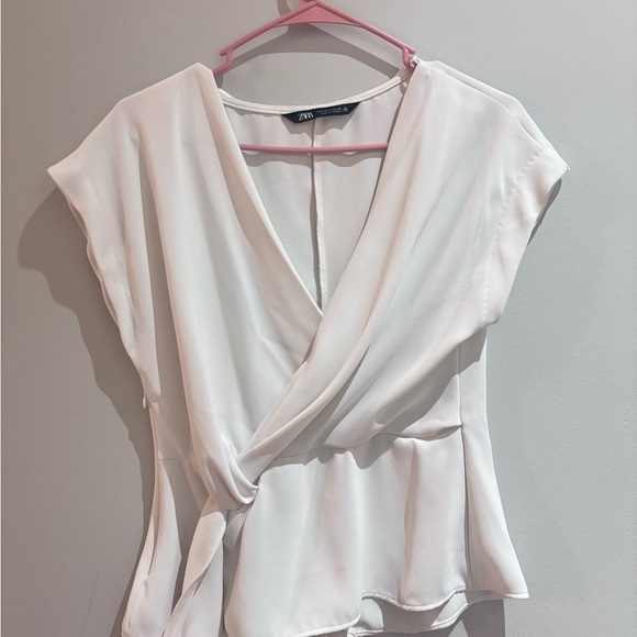 Zara Tops - Zara Cream Wrap Peplum Blouse with Cap Sleeves